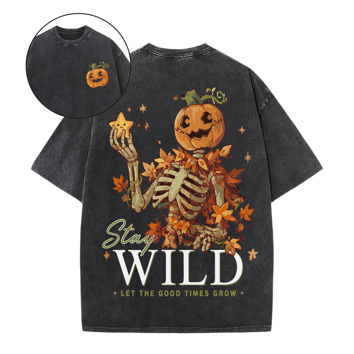 Rubbyoo Stay Wild Double Sided Unisex Washed T-shirt Unique Halloween Gift - Black - 5XL - image 1