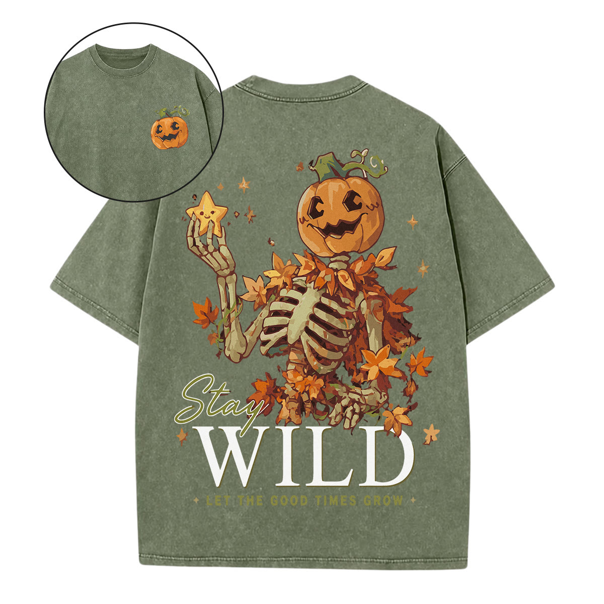 Rubbyoo Stay Wild Double Sided Unisex Washed T-shirt Unique Halloween Gift - Army Green - 5XL - image 6