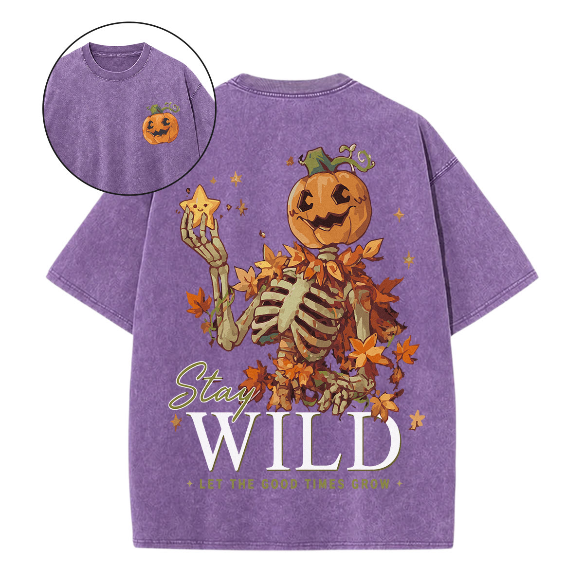 Rubbyoo Stay Wild Double Sided Unisex Washed T-shirt Unique Halloween Gift - Purple - 5XL - image 10
