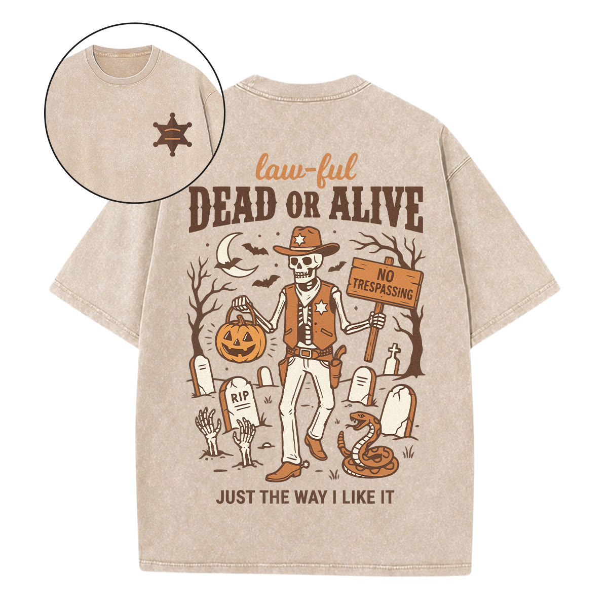 Rubbyoo Dead Or Alive Double Sided Unisex Washed T-shirt Stylish Halloween Look - Apricot - 5XL - image 1