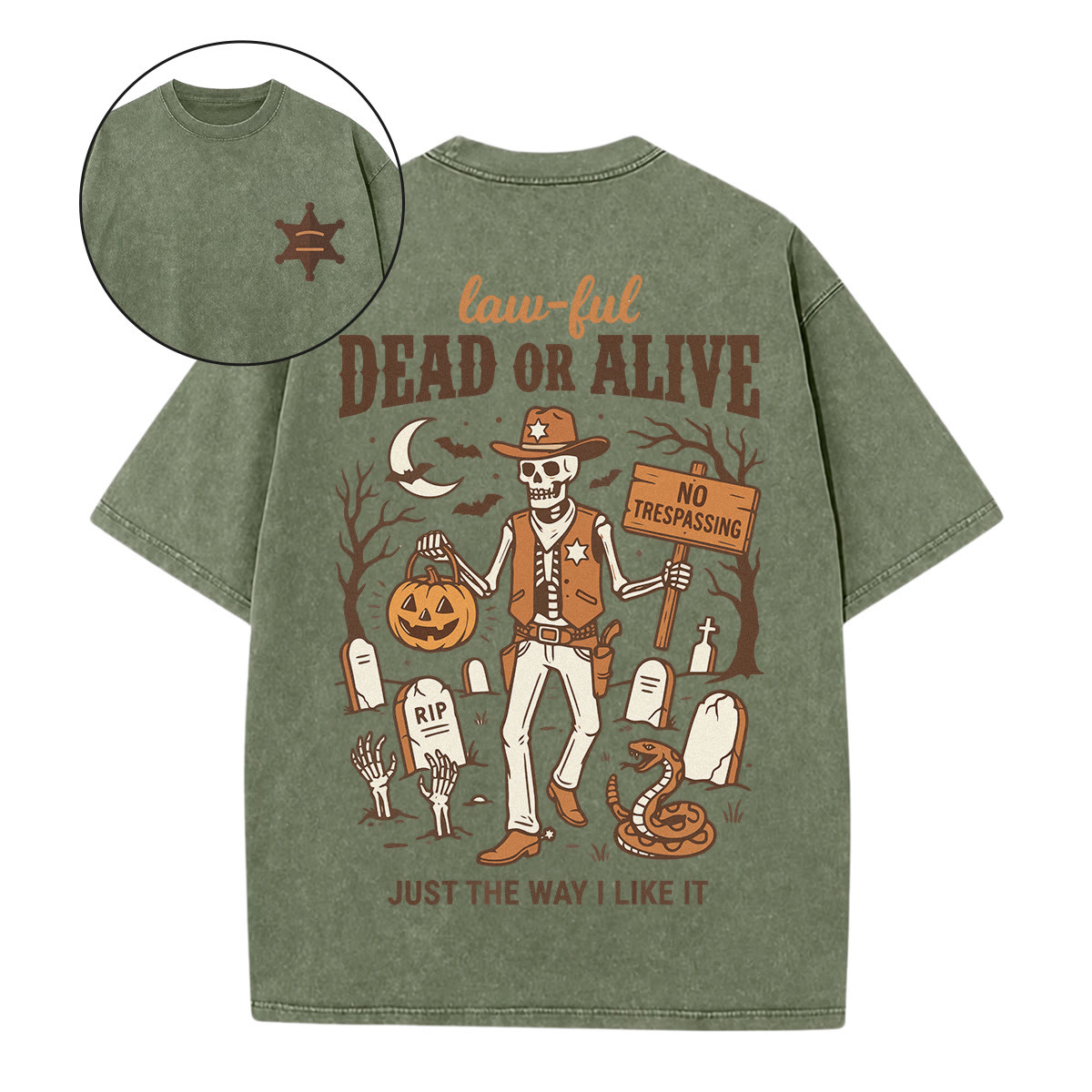 Rubbyoo Dead Or Alive Double Sided Unisex Washed T-shirt Stylish Halloween Look - Army Green - 5XL - image 6