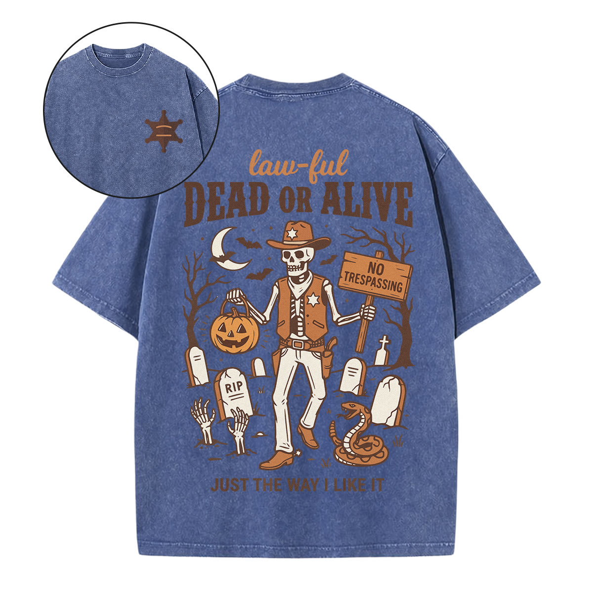 Rubbyoo Dead Or Alive Double Sided Unisex Washed T-shirt Stylish Halloween Look - Blue - 5XL - image 8