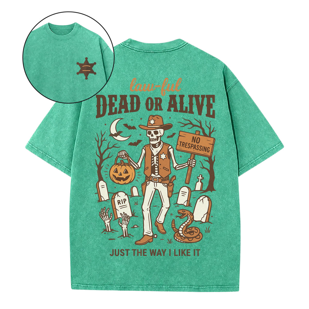 Rubbyoo Dead Or Alive Double Sided Unisex Washed T-shirt Stylish Halloween Look - Green - 5XL - image 4