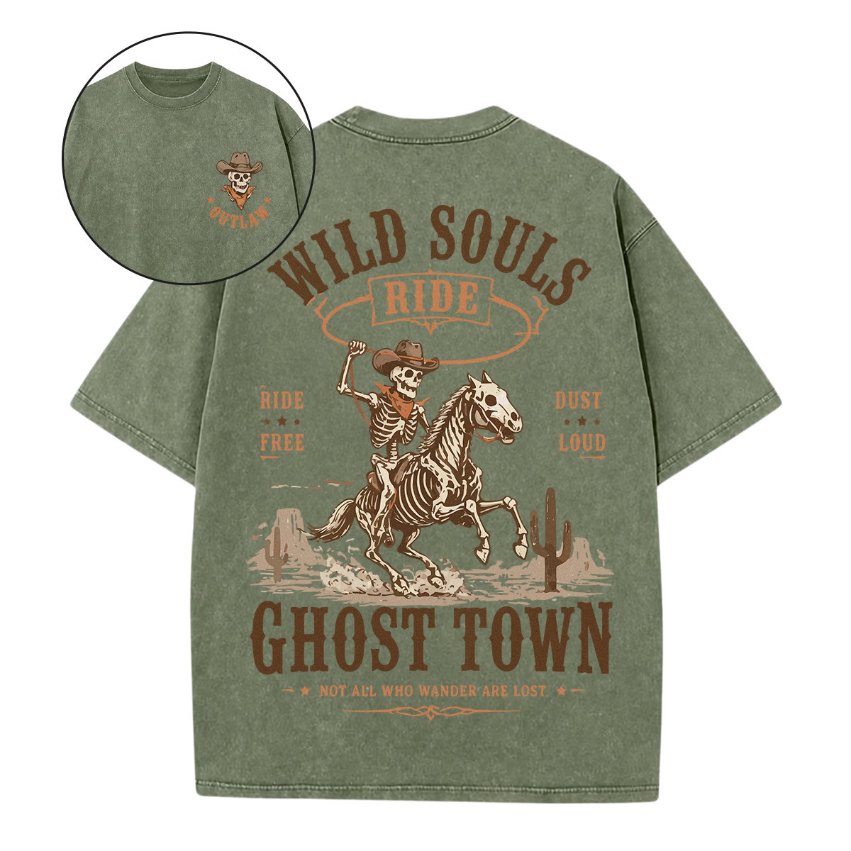 Rubbyoo Wild Souls Double Sided Unisex Washed T-shirt Special Halloween Graphic - Army Green - 5XL - image 6