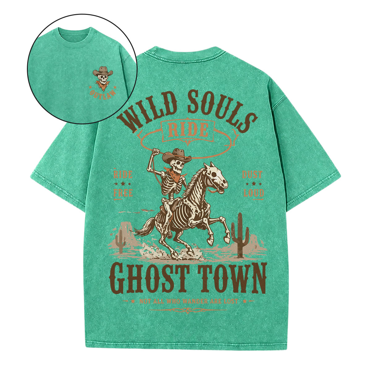 Rubbyoo Wild Souls Double Sided Unisex Washed T-shirt Special Halloween Graphic - Green - 5XL - image 4