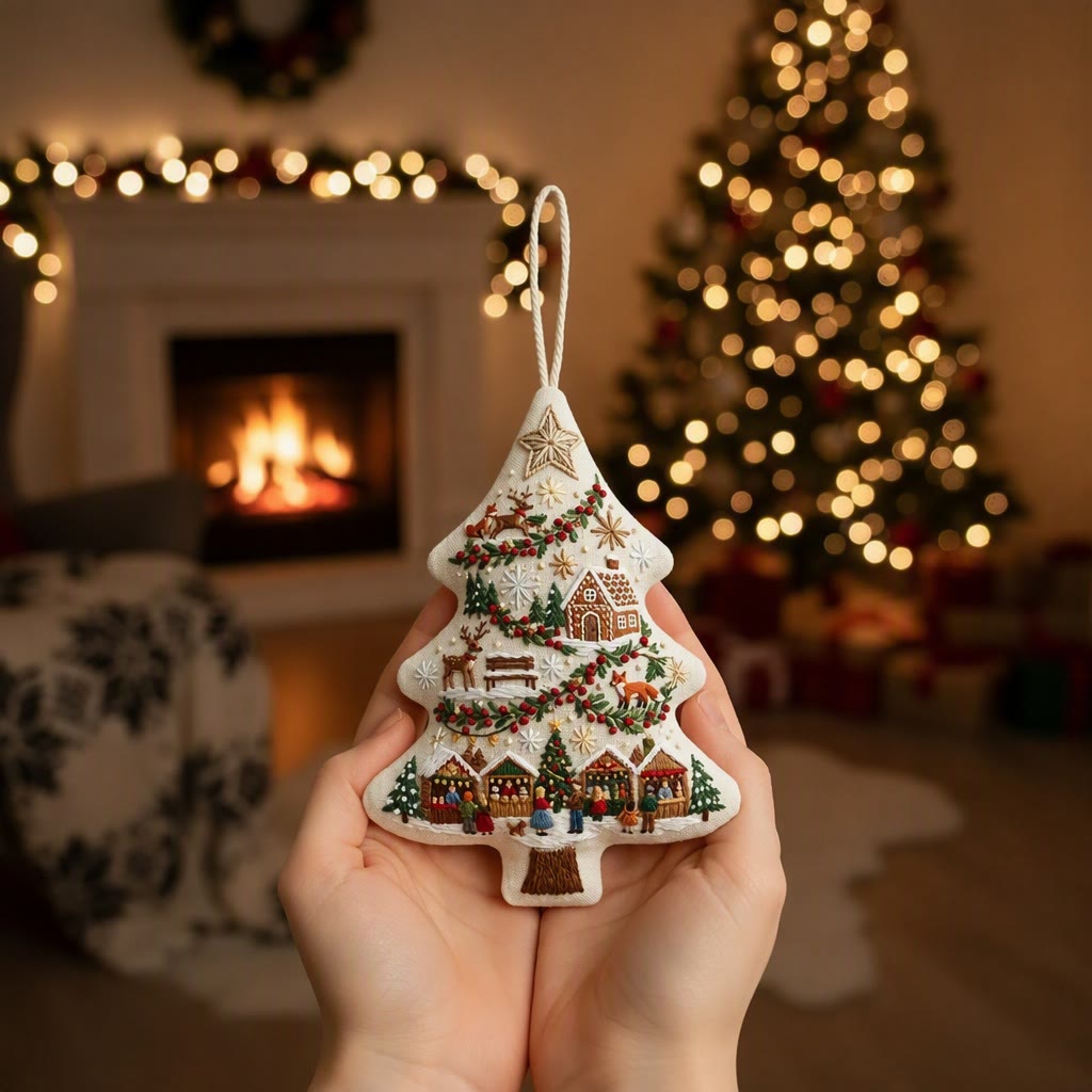 Rubbyoo Tree-shaped Embroidery Kit - Cozy Winter Village | Christmas Handmade Hoop Art Gift | Festive Snowy Scene Decor - image 2
