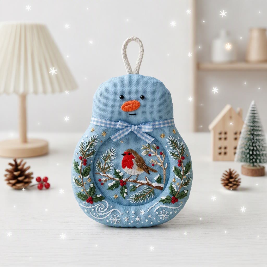 Rubbyoo Snowman Coaster Embroidery Kit - British Christmas Robin | Handmade Mag Mat Gift For The Family | Vintage Winter Holly & Pine Design - 8 inches hoop kit - image 1