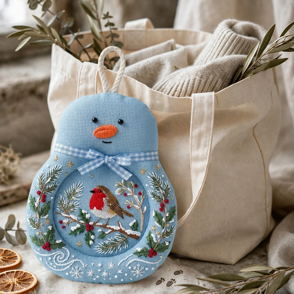 Rubbyoo Snowman Coaster Embroidery Kit - British Christmas Robin | Handmade Mag Mat Gift For The Family | Vintage Winter Holly & Pine Design - image 3