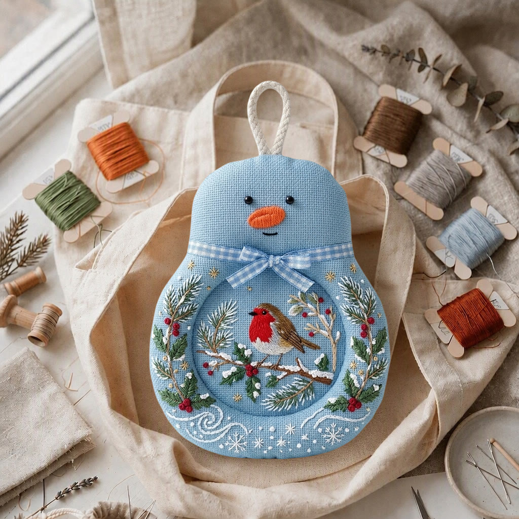 Rubbyoo Snowman Coaster Embroidery Kit - British Christmas Robin | Handmade Mag Mat Gift For The Family | Vintage Winter Holly & Pine Design - image 2
