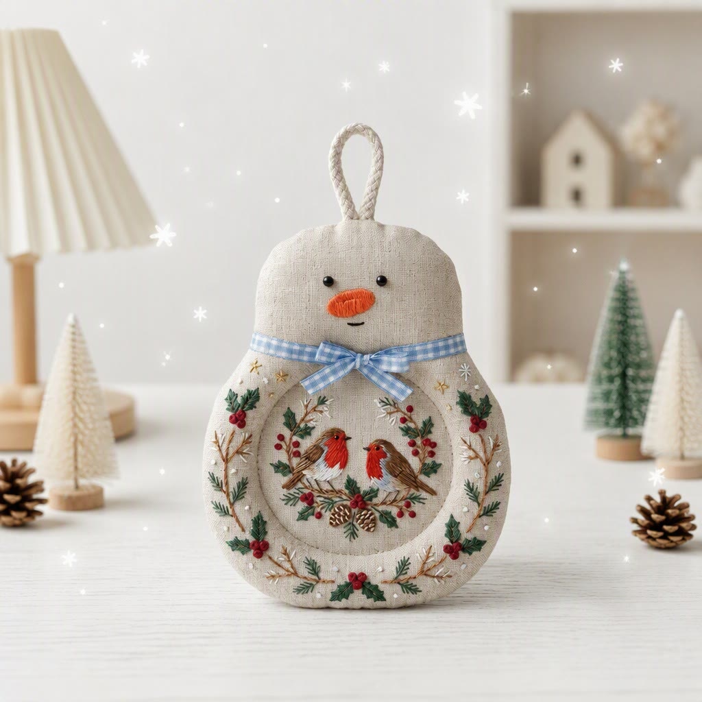 Rubbyoo Snowman Coaster Embroidery Kit - Christmas Togetherness Robin Couple | Round Fabric Cup Mat | Heritage New Year Keepsake For Loved Ones - 8 inches hoop kit - image 1