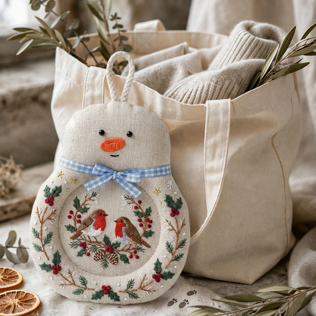 Rubbyoo Snowman Coaster Embroidery Kit - Christmas Togetherness Robin Couple | Round Fabric Cup Mat | Heritage New Year Keepsake For Loved Ones - image 3