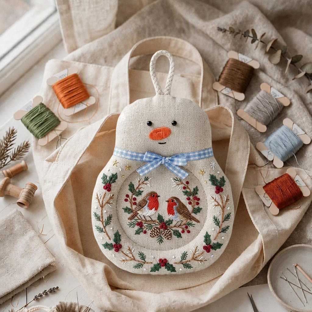 Rubbyoo Snowman Coaster Embroidery Kit - Christmas Togetherness Robin Couple | Round Fabric Cup Mat | Heritage New Year Keepsake For Loved Ones - image 2