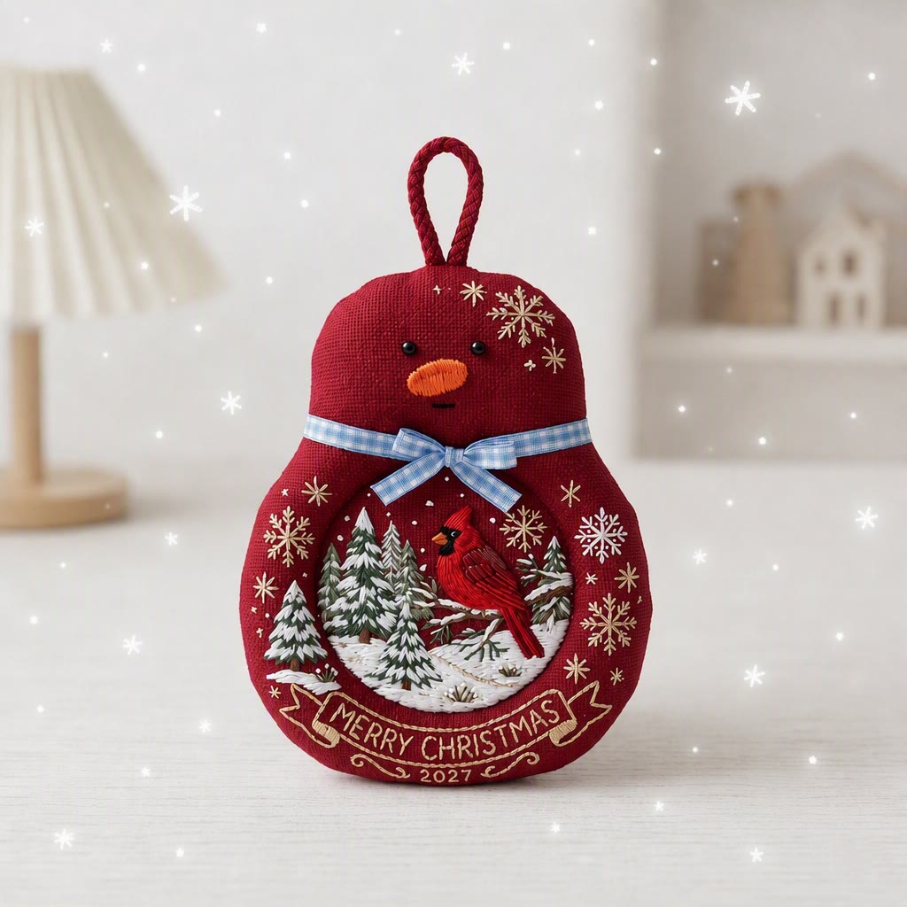 Rubbyoo Snowman Coaster Embroidery Kit - Christmas Red Cardinal | Snowy Pine Forest Holiday Decoration | Snowflake Tea Cup Mat - 8 inches hoop kit - image 1
