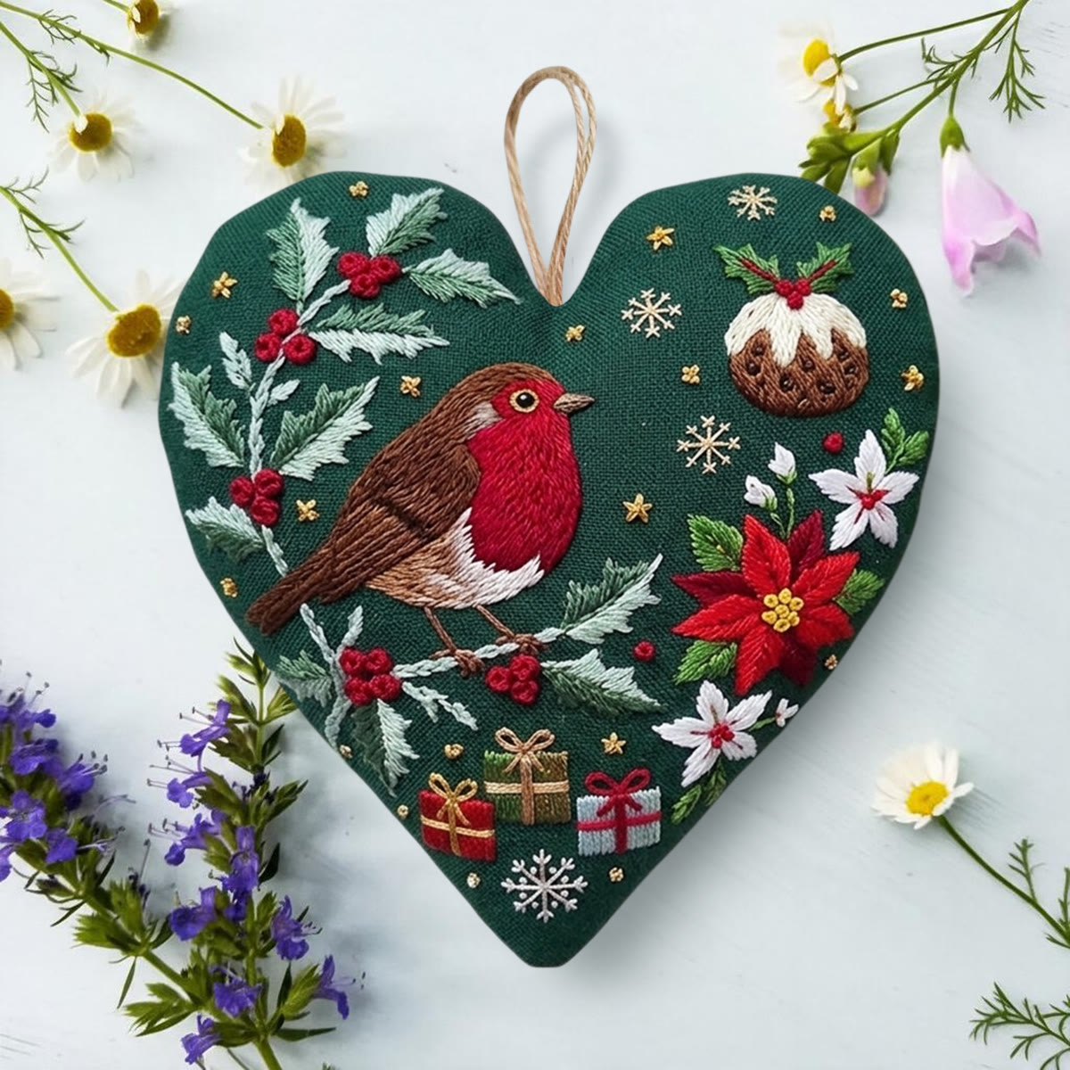 Rubbyoo Heart Embroidery Kit -  Christmas Red Robin | Floral Winter Needlepoint Craft For Kids | Woodland Nature Diy Decor Gift - image 2