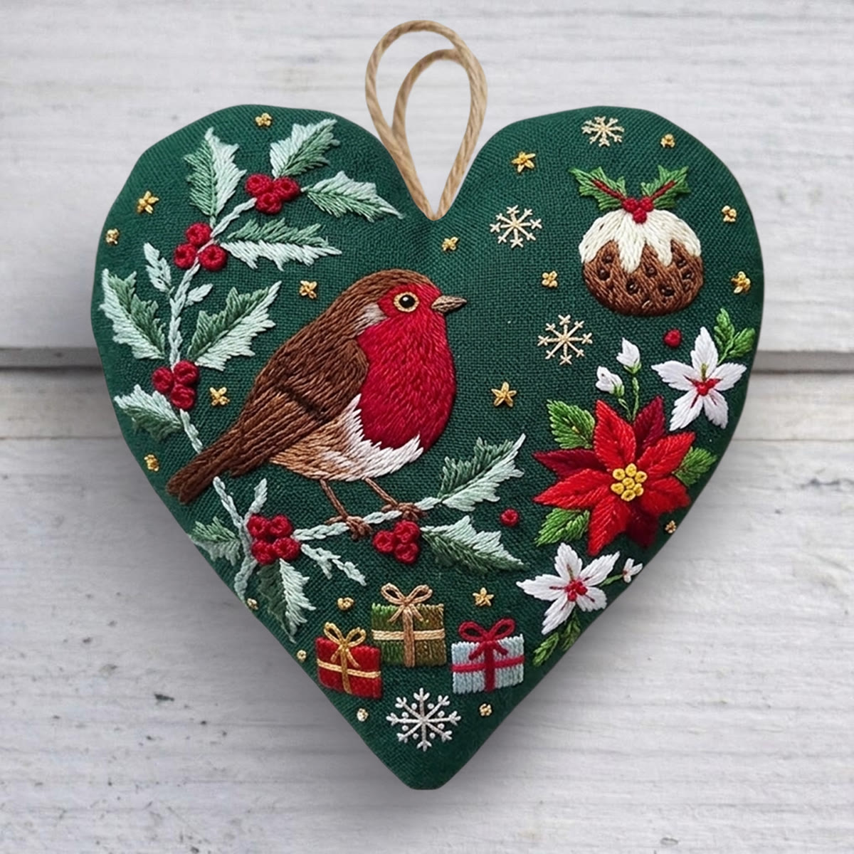 Rubbyoo Heart Embroidery Kit -  Christmas Red Robin | Floral Winter Needlepoint Craft For Kids | Woodland Nature Diy Decor Gift - 6 inches hoop kit - image 1