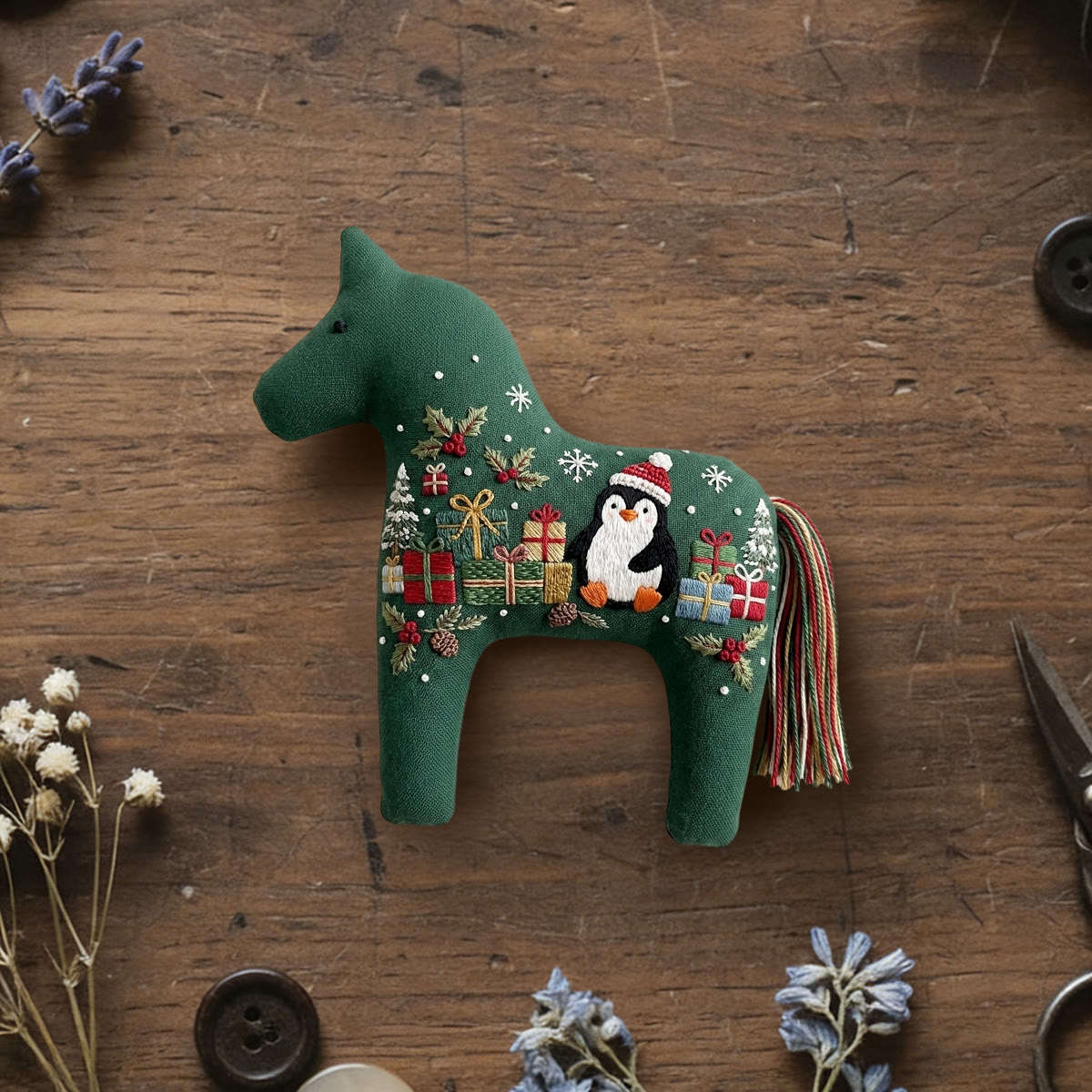 Rubbyoo Dala Horse Embroidery Kit - Penguins With Lots Of Gifts | Cozy Christmas Shelf Decor | Adorable Nursery Room Hoop Art - 6 inches hoop kit - image 1