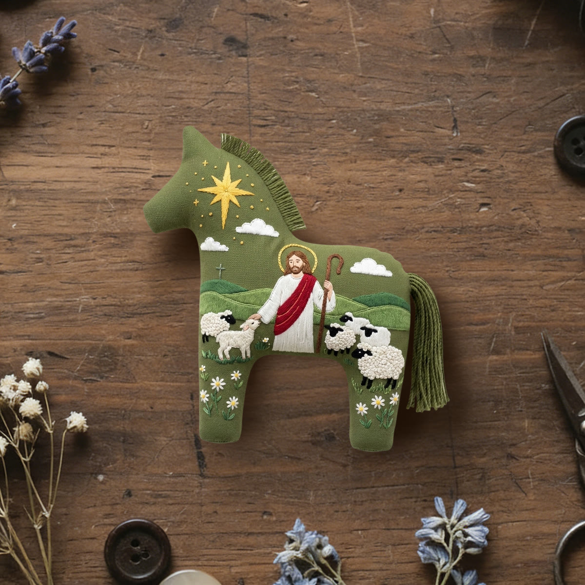 Rubbyoo Dala Horse Embroidery Kit - The Shepherd Saint Jesus | Religious Holiday Accent | Christmas Hoop Art Gift For Faith-filled Families - 6 inches hoop kit - image 1