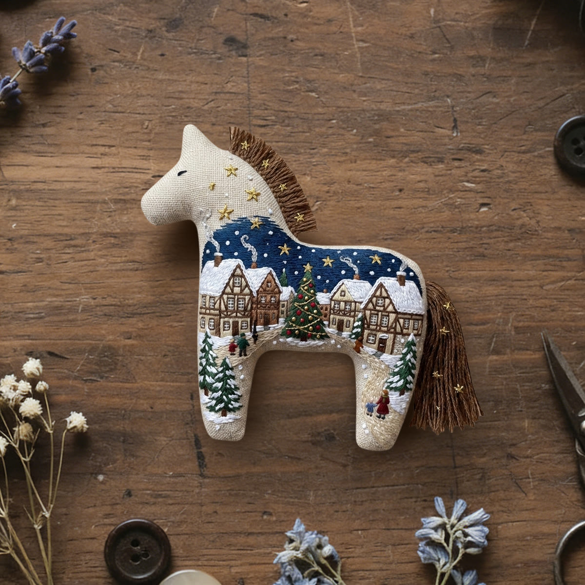 Rubbyoo Dala Horse Embroidery Kit - The Rustic Snowy Village | Festive Night Scene Craft For Christmas Decor | Winter Scene Diy Needlework For Beginners - 6 inches hoop kit - image 1