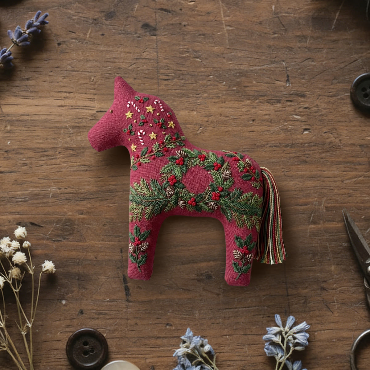 Rubbyoo Dala Horse Embroidery Kit - Vintage Evergreen And Pinecone | Christmas Holly Berry Pattern | Heritage New Year Keepsake - 6 inches hoop kit - image 1