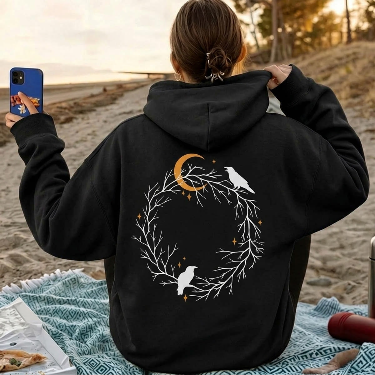 Rubbyoo Gothic Crow & Moonlight Motif Unisex Hoodie  - image 2