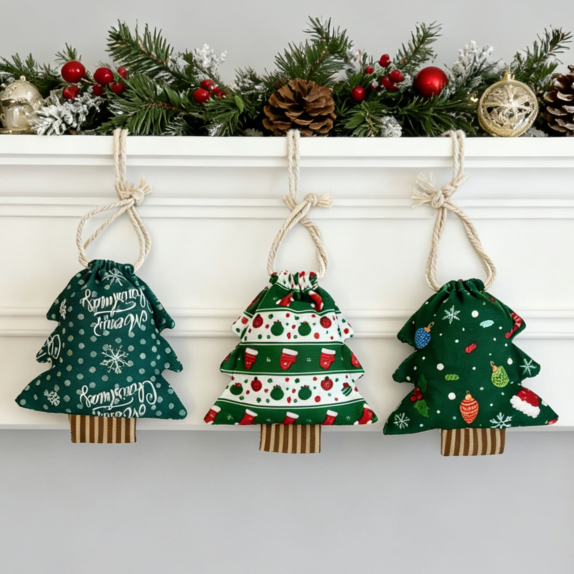 Rubbyoo Christmas Tree String Draw Bags - Festive Fireplace Decor | Perfect For Holiday Gift - 3-Piece Bundle - L - image 1