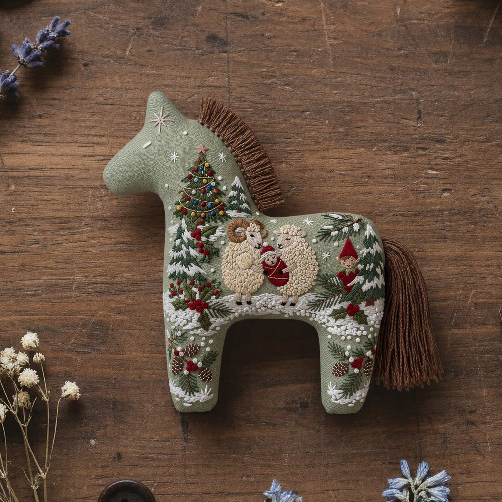 Rubbyoo Dala Horse Embroidery Kit - Nordic Christmas Tale | Cozy Holiday Home Decor | Nature Hoop Art Gift For Kids - 6 inches hoop kit - image 1