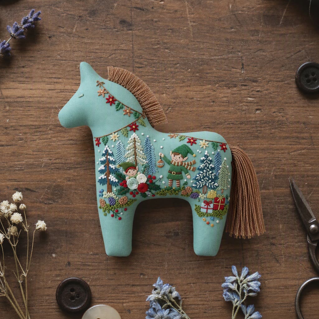 Rubbyoo Dala Horse Embroidery Kit - Enchanted Christmas Forest | Whimsical Winter Home Decoration | Handmade Cozy Artwork For Kids - 6 inches hoop kit - image 1