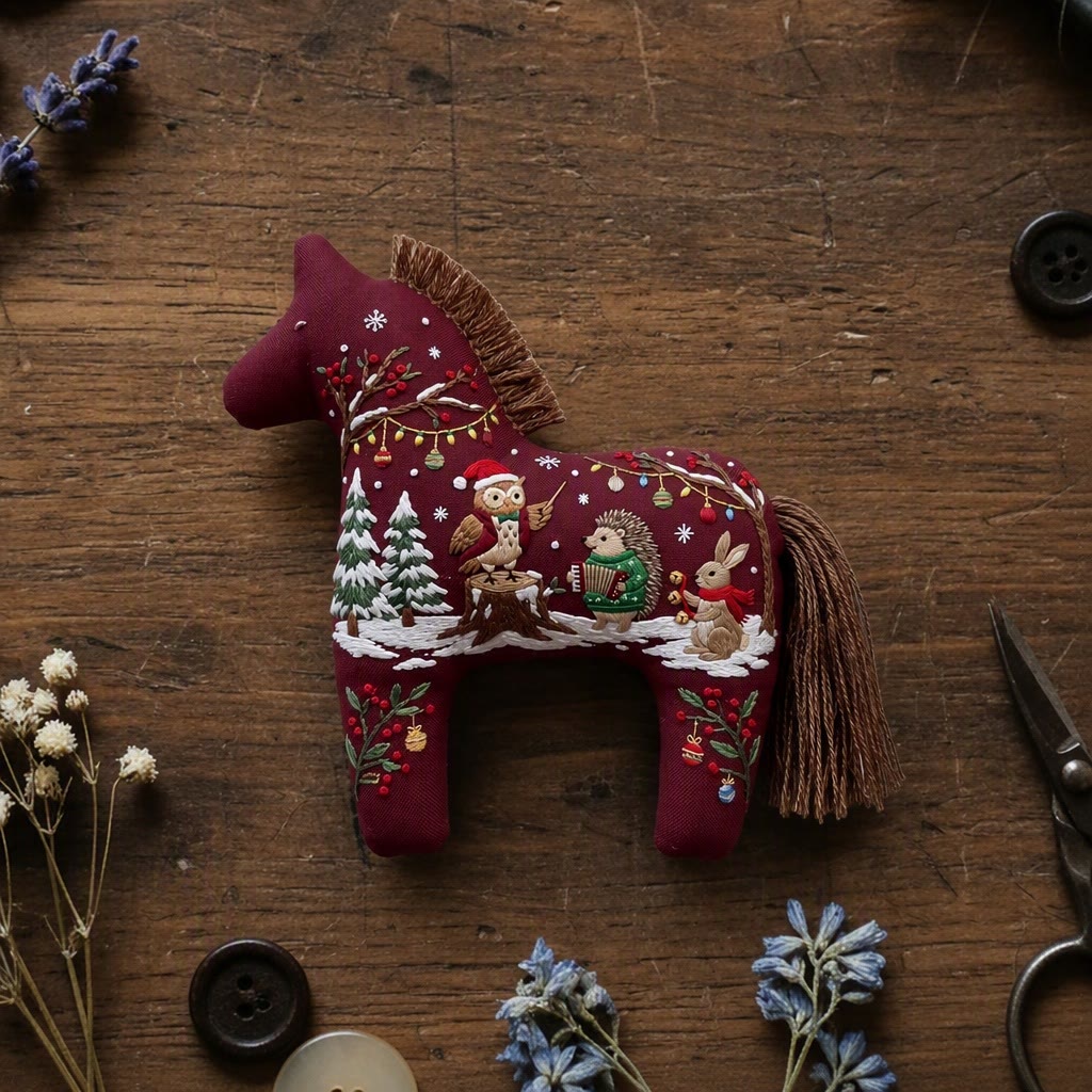 Rubbyoo Dala Horse Embroidery Kit - Enchanted Woodland Symphony | Cozy Winter Wall Decor | Ideal Handmade Christmas Gift For Nature Lovers - 6 inches hoop kit - image 1