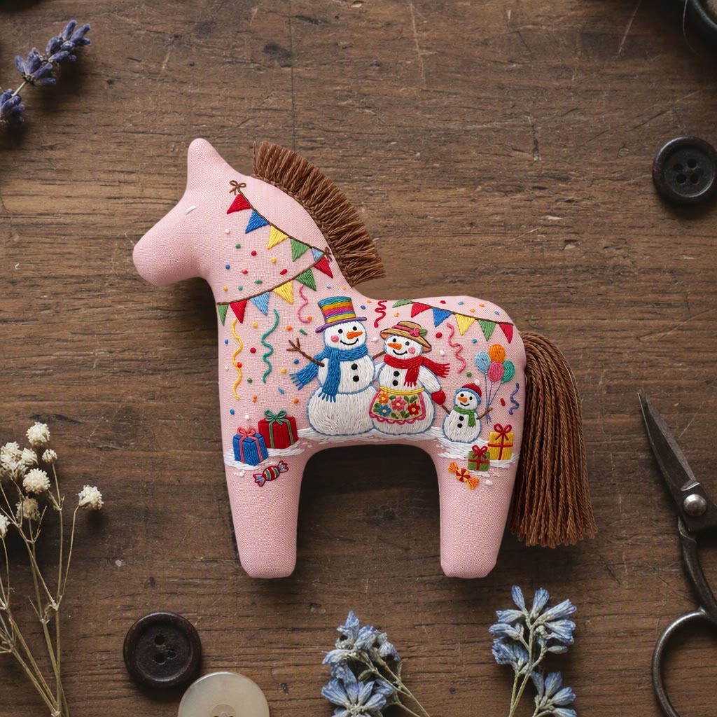 Rubbyoo Dala Horse Embroidery Kit - Merry Snowman Celebration | Cozy Christmas Party Accent | Joyful Winter Gathering Craft - 6 inches hoop kit - image 1
