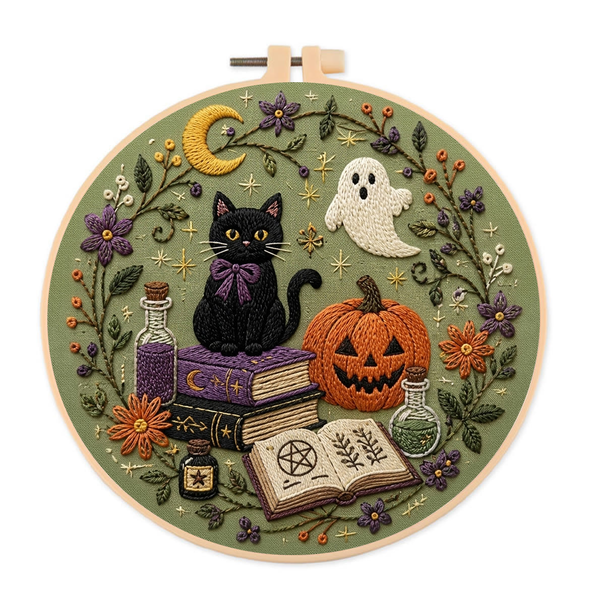 Rubbyoo Embroidery Kit - Midnight Grimoire | Cozy Craft Kit for Beginners | Spooky Season Ornament - 20*20cm - image 1