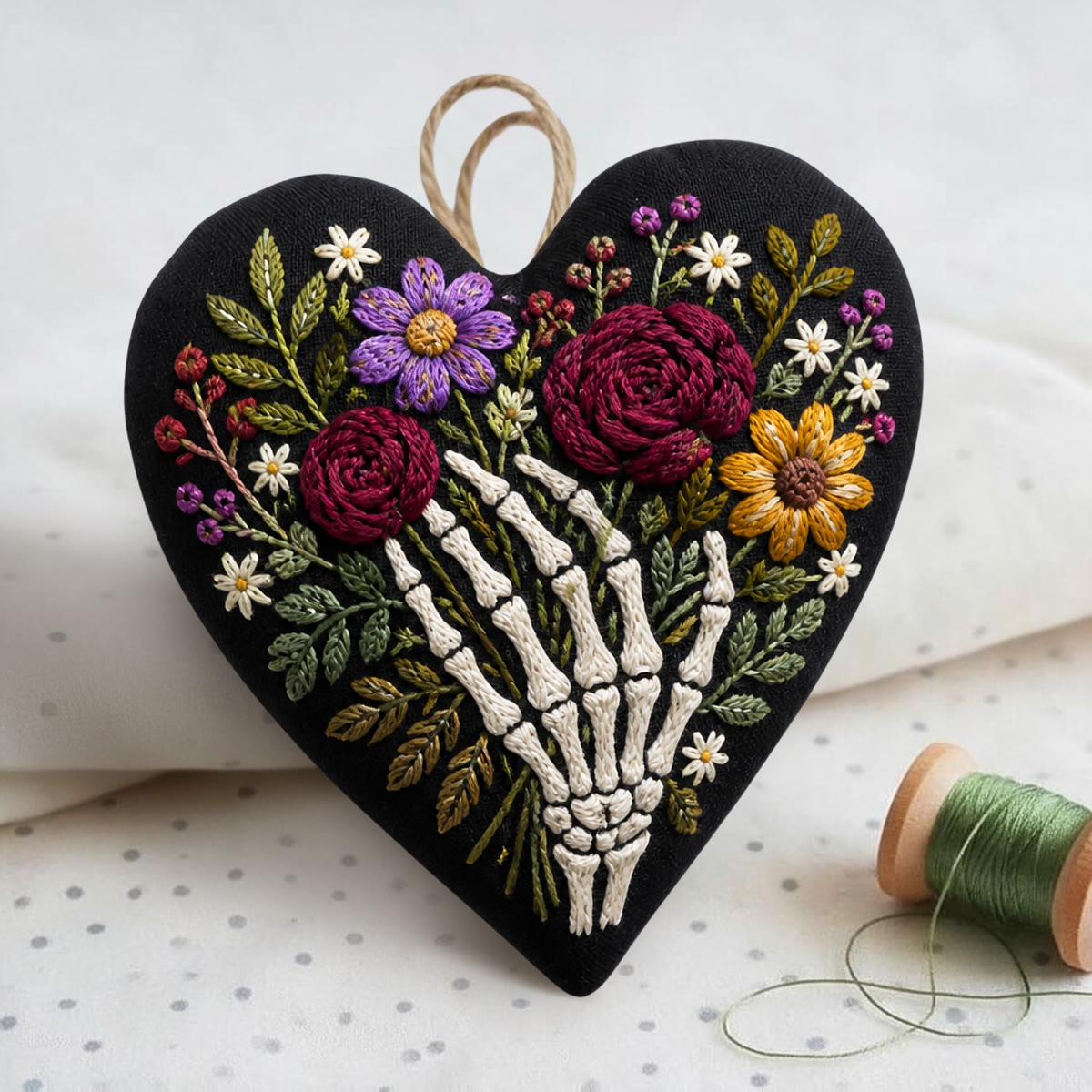 Rubbyoo Heart Embroidery Kit - Floral Skeleton Hand | Dark Romantic Botanical Art | Diy Floral Day Of The Dead Decor  - image 2