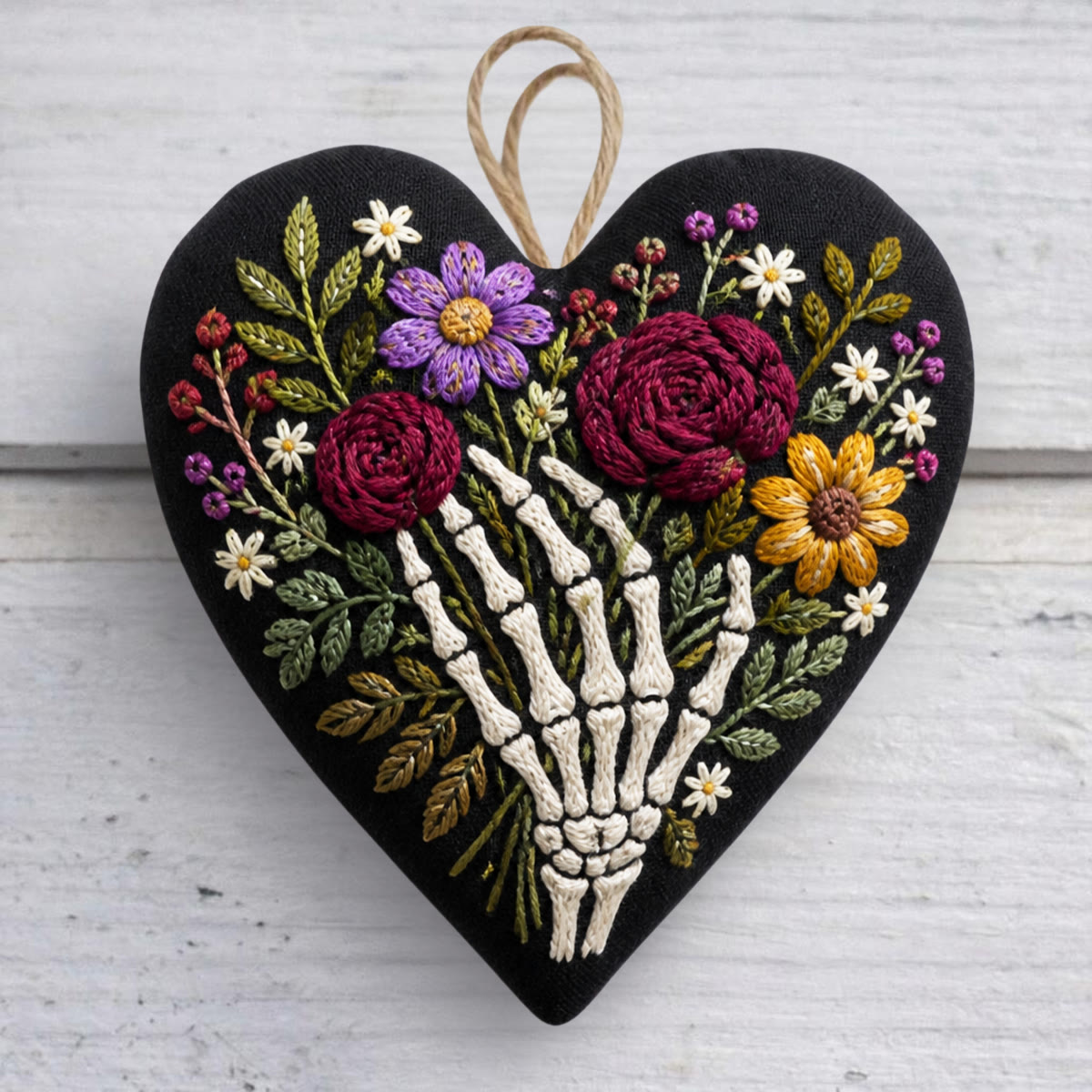Rubbyoo Heart Embroidery Kit - Floral Skeleton Hand | Dark Romantic Botanical Art | Diy Floral Day Of The Dead Decor  - 6 inches hoop kit - image 1