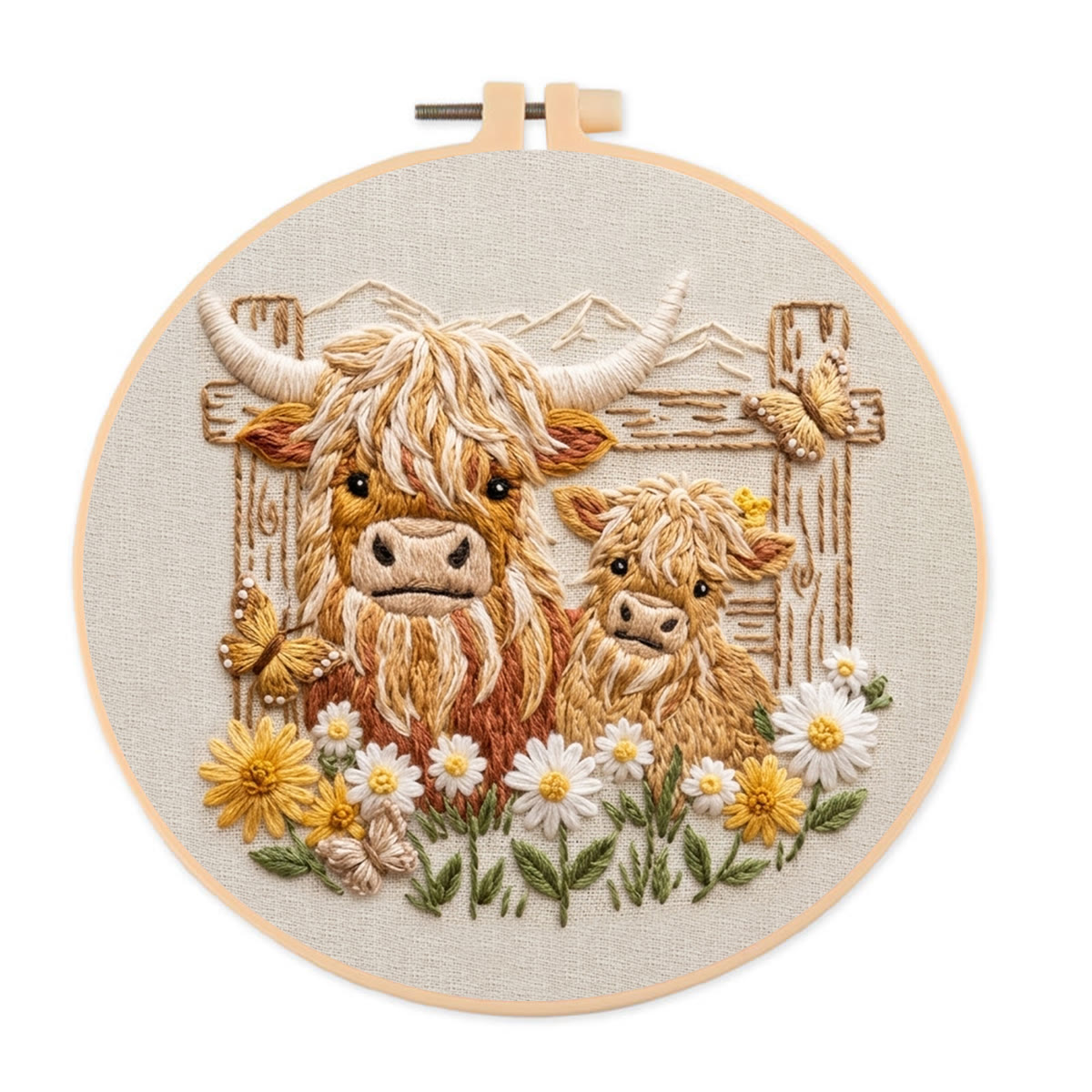 Rubbyoo Embroidery Kit - Highland Cow Pals | DIY Kit For Adults | Rustic Animal Hoop Art - 20*20cm - image 1