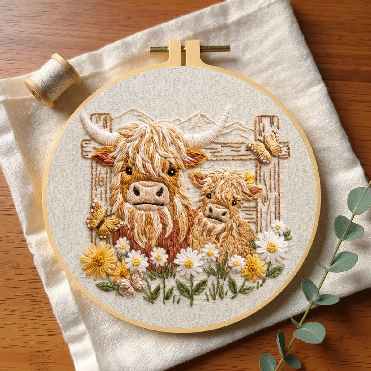Rubbyoo Embroidery Kit - Highland Cow Pals | DIY Kit For Adults | Rustic Animal Hoop Art - image 3