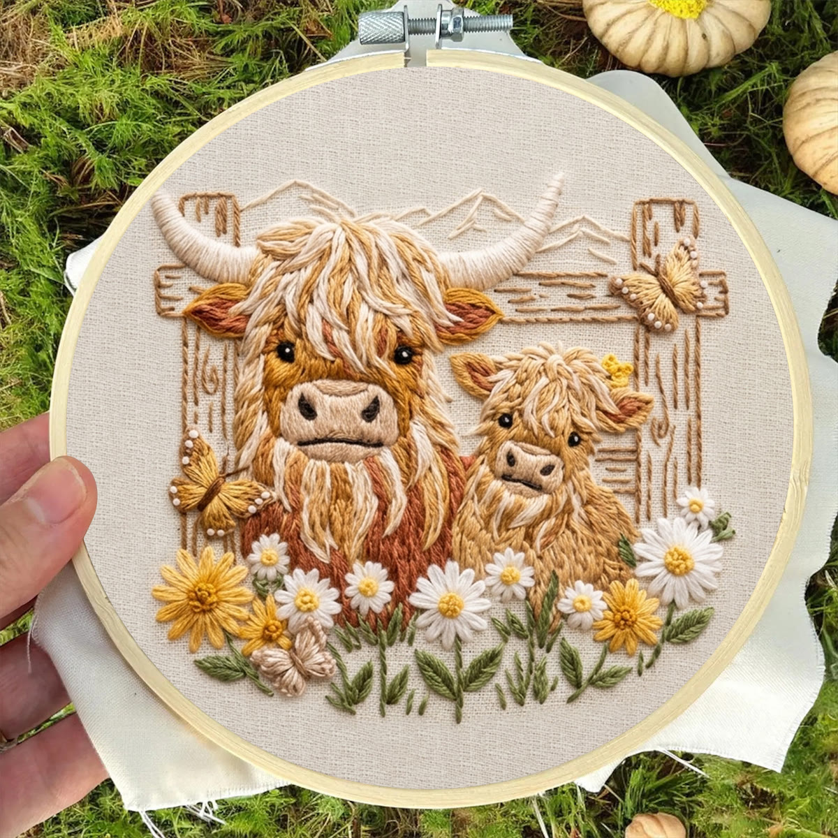 Rubbyoo Embroidery Kit - Highland Cow Pals | DIY Kit For Adults | Rustic Animal Hoop Art - image 2