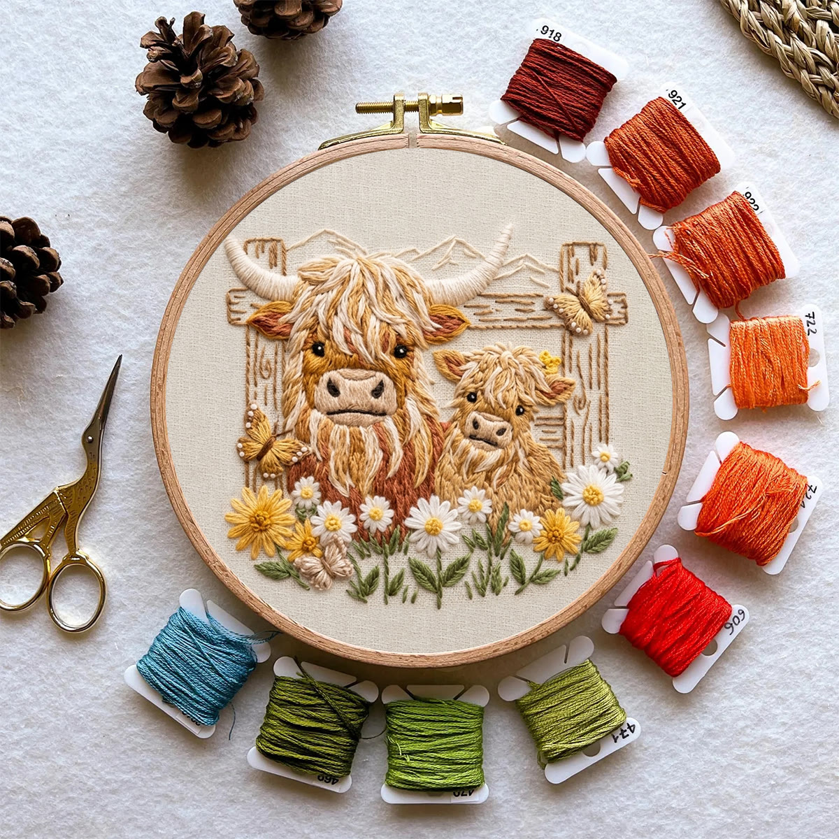 Rubbyoo Embroidery Kit - Highland Cow Pals | DIY Kit For Adults | Rustic Animal Hoop Art - image 9