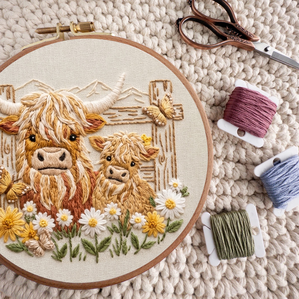 Rubbyoo Embroidery Kit - Highland Cow Pals | DIY Kit For Adults | Rustic Animal Hoop Art - image 7