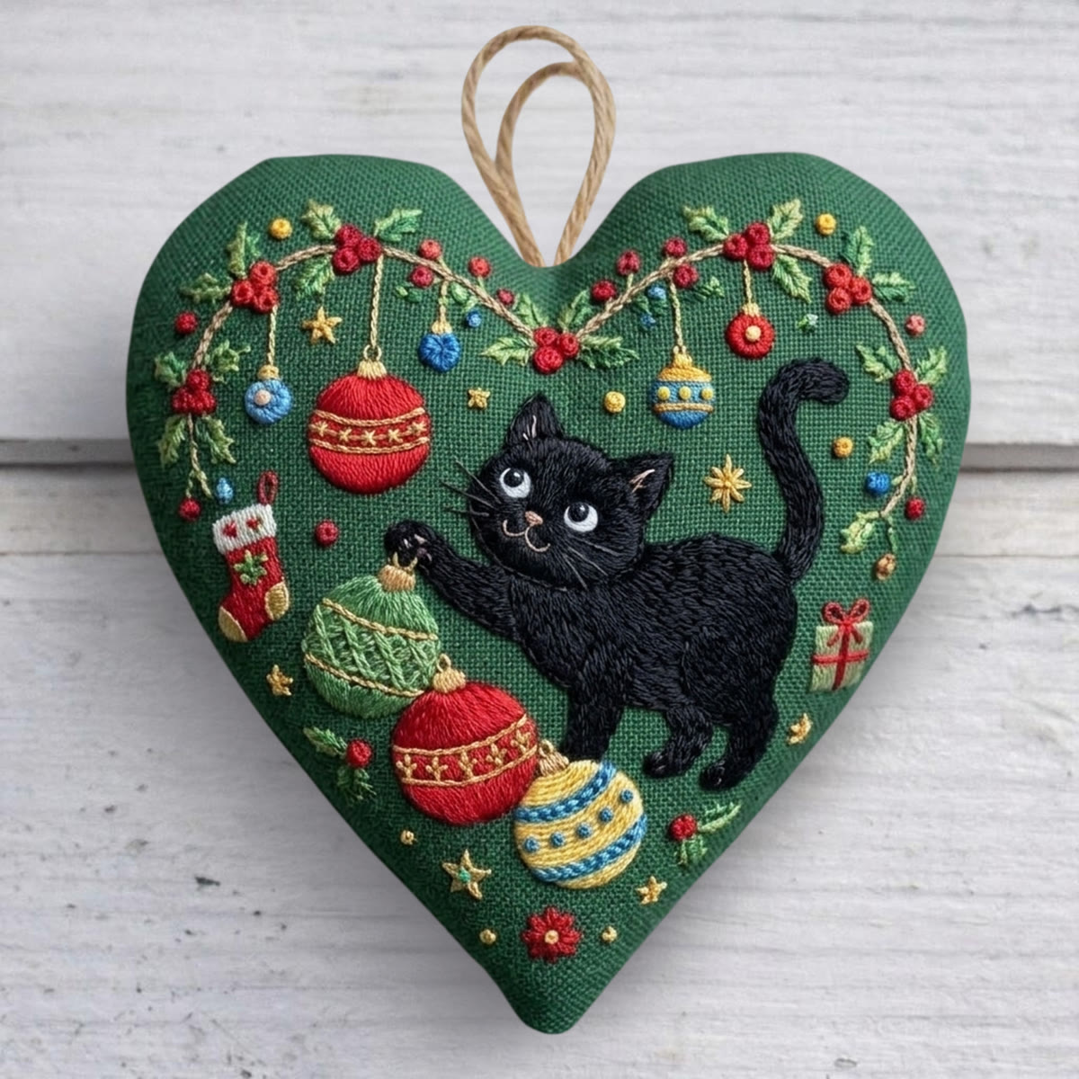 Rubbyoo Heart Embroidery Kit - Charming Naughty Black Cat | Christmas Tree Hanging Decoration | Adorable Nursery Room Festive Decor - 6 inches hoop kit - image 1