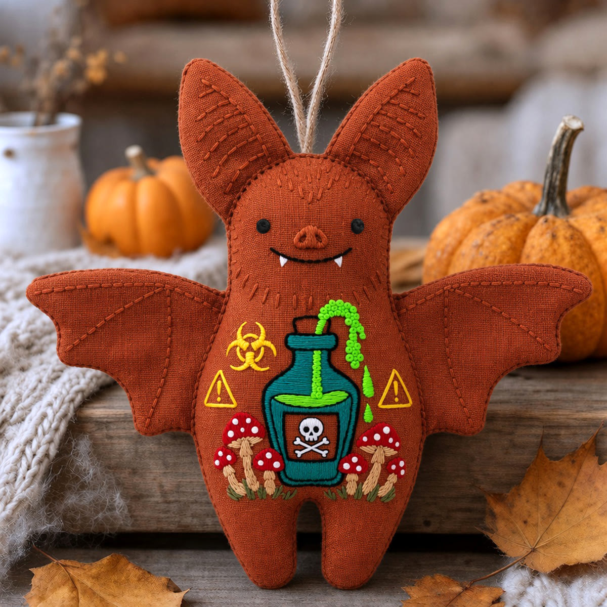 Rubbyoo Bat Embroidery Kit - Creepy Toxic Potion | Poison Mushroom Skull Artwork | Unique Halloween Party Decoration - 6 inches hoop kit - image 1