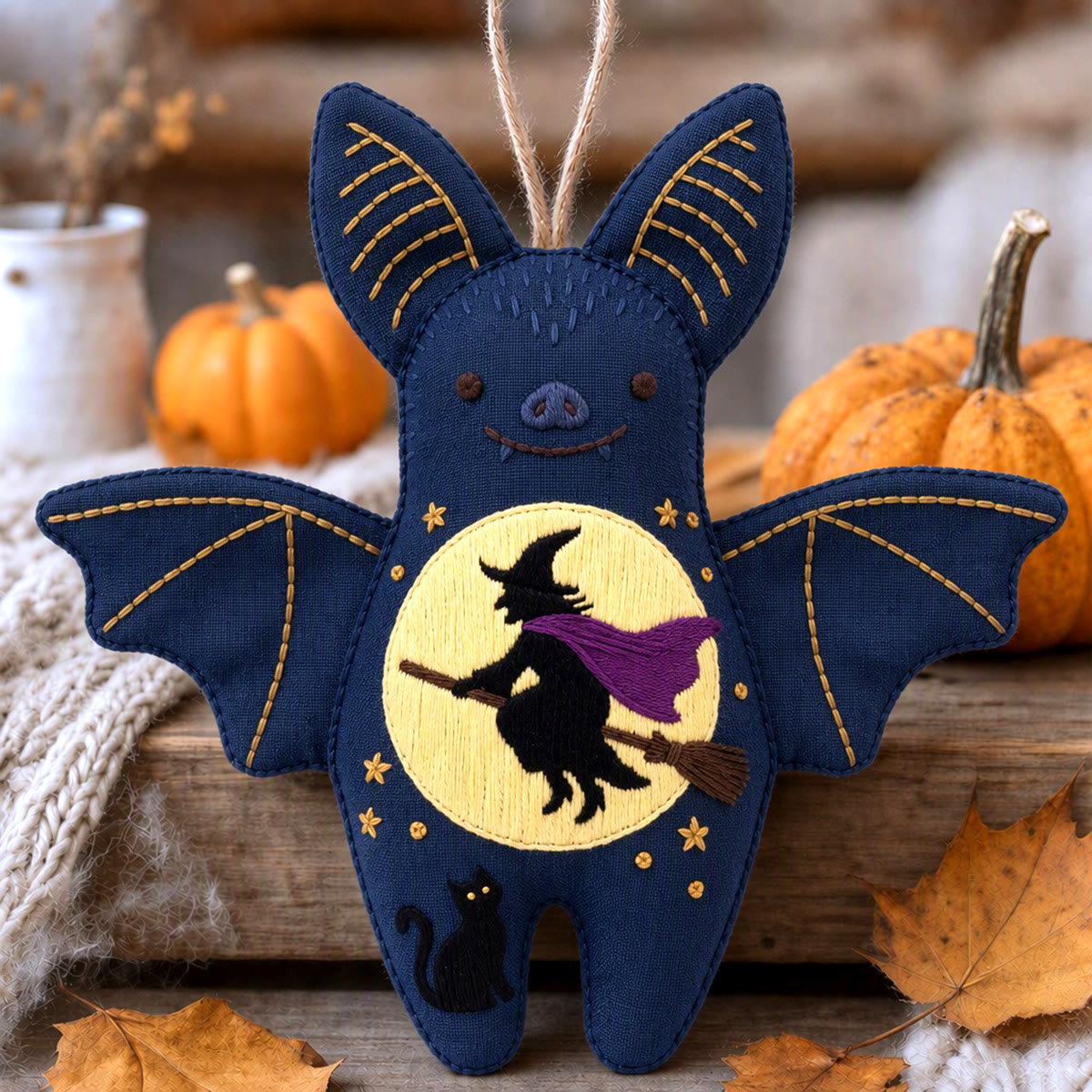 Rubbyoo Bat Embroidery Kit - Moonlit Flying Witch | Halloween Spooky Night Scene | Magical Starry Night - 6 inches hoop kit - image 1