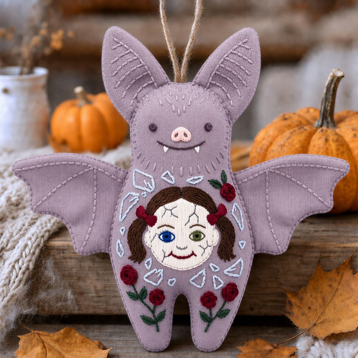 Rubbyoo Bat Embroidery Kit - Spooky Floral Doll | Halloween Gothic Fairycore Handmade Gift | Medieval Folklore Decor - 6 inches hoop kit - image 1