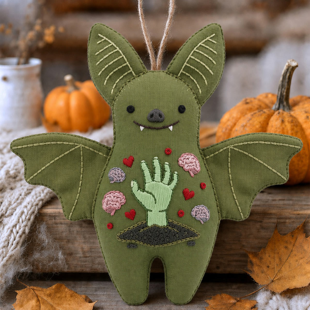 Rubbyoo Bat Embroidery Kit - Spooky Zombie Hand | Halloween Gothic Horror Decor | Dark Academia Diy Craft - 6 inches hoop kit - image 1