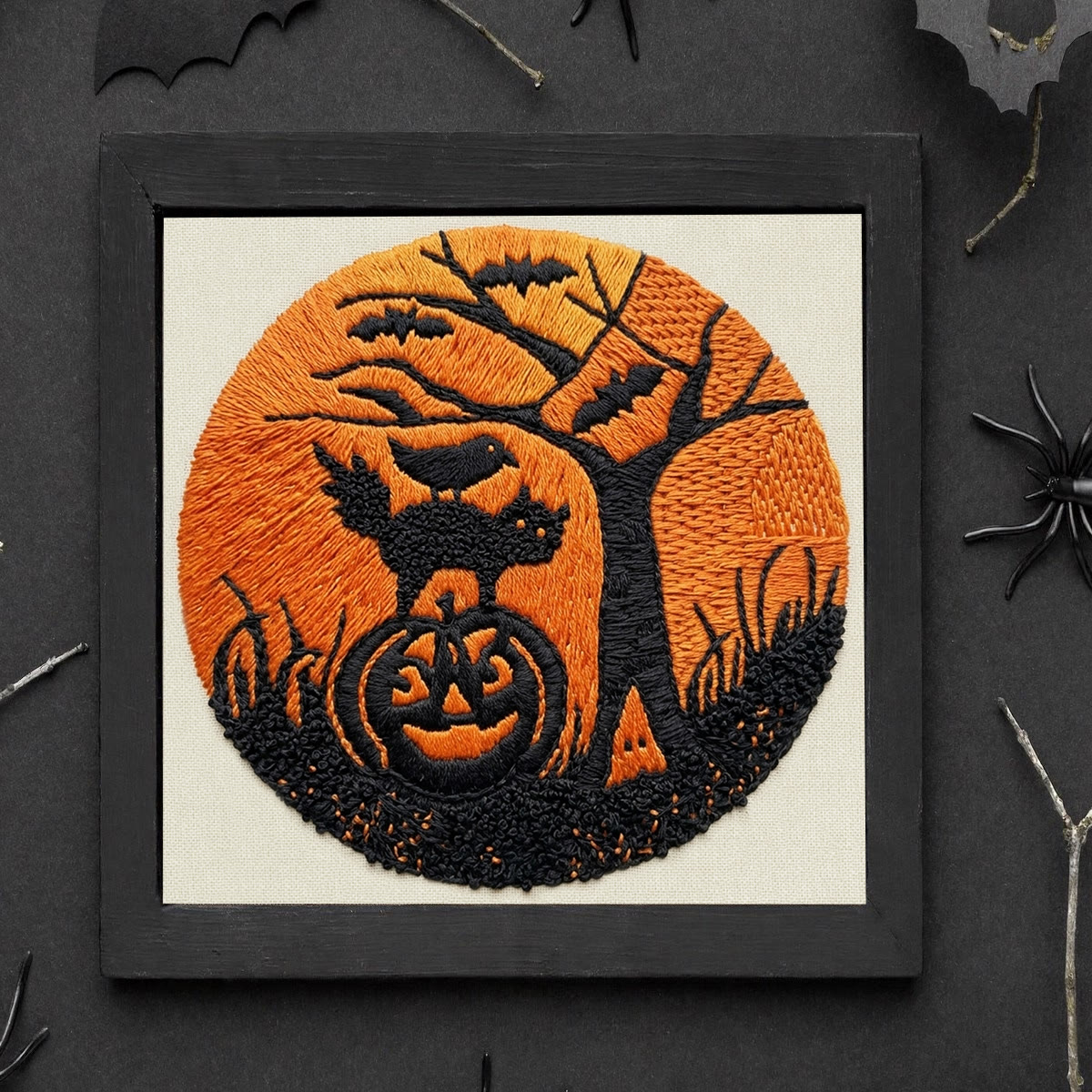 Rubbyoo Embroidery Kit - Magical  Midnight | Intricate Pumpkin & Cat Pattern | Halloween Room Accent - Embroidery Kit Plus An Extra Frame - image 9