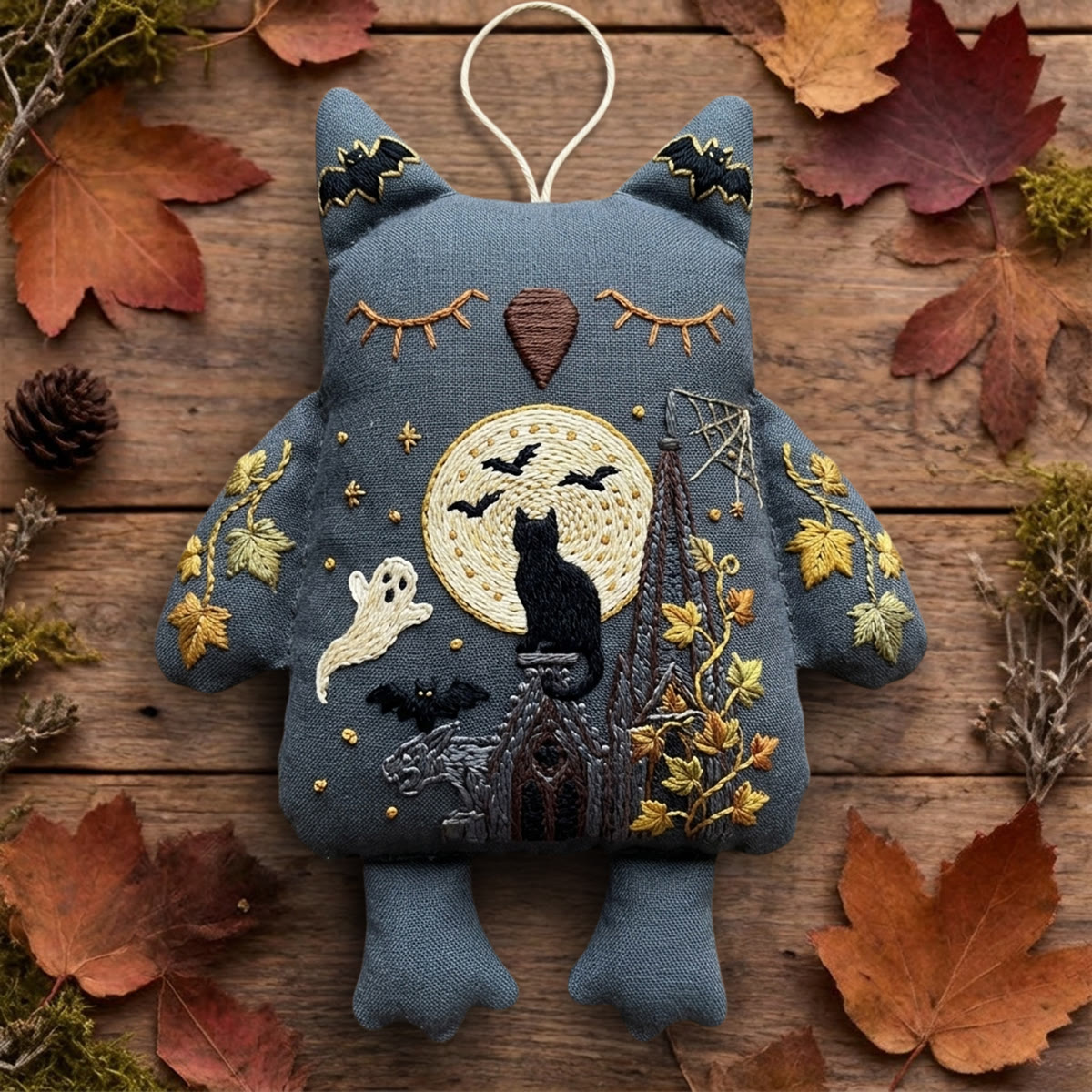 Rubbyoo Owl Embroidery Kit -  Moonlit Black Cat On The Top | Halloween Gothnic Shelf Decor | Dark Cottagecore Handmade Art - 6 inches hoop kit - image 1
