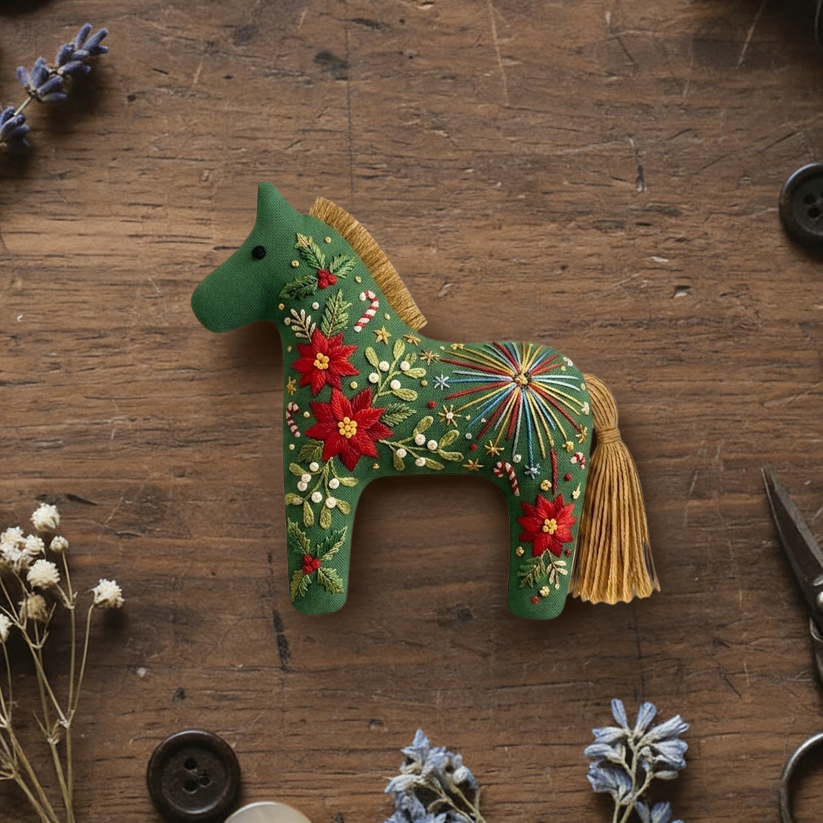 Rubbyoo Dala Horse Embroidery Kit - Christmas Firework | Festive Xmas Tree Hanging | Handmade Vintage Poinsettia Craft - 6 inches hoop kit - image 1