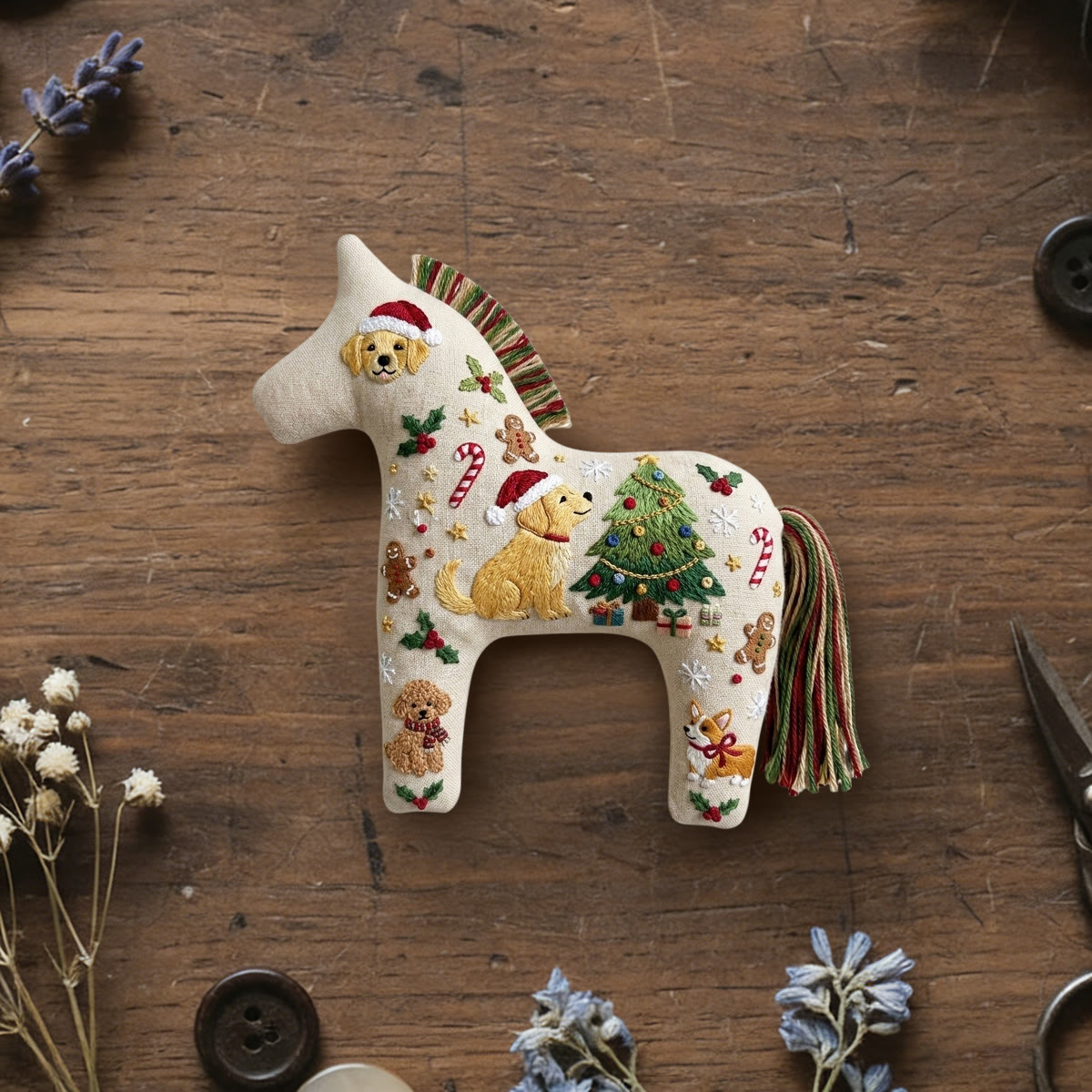 Rubbyoo Dala Horse Embroidery Kit - Christmas Playful Doggys | Adorable Festive Gift For Kids | Fantastic Nursery Room Decor - 6 inches hoop kit - image 1