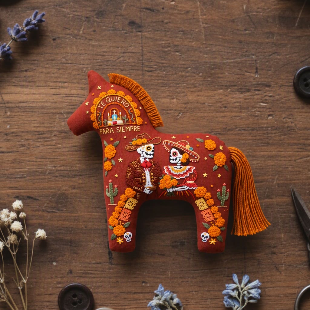 Rubbyoo Dala Horse Embroidery Kit - Forever Marigold Love | Floral Day Of The Dead Accent | Mexican Folk Art Holiday Decor - 6 inches hoop kit - image 1