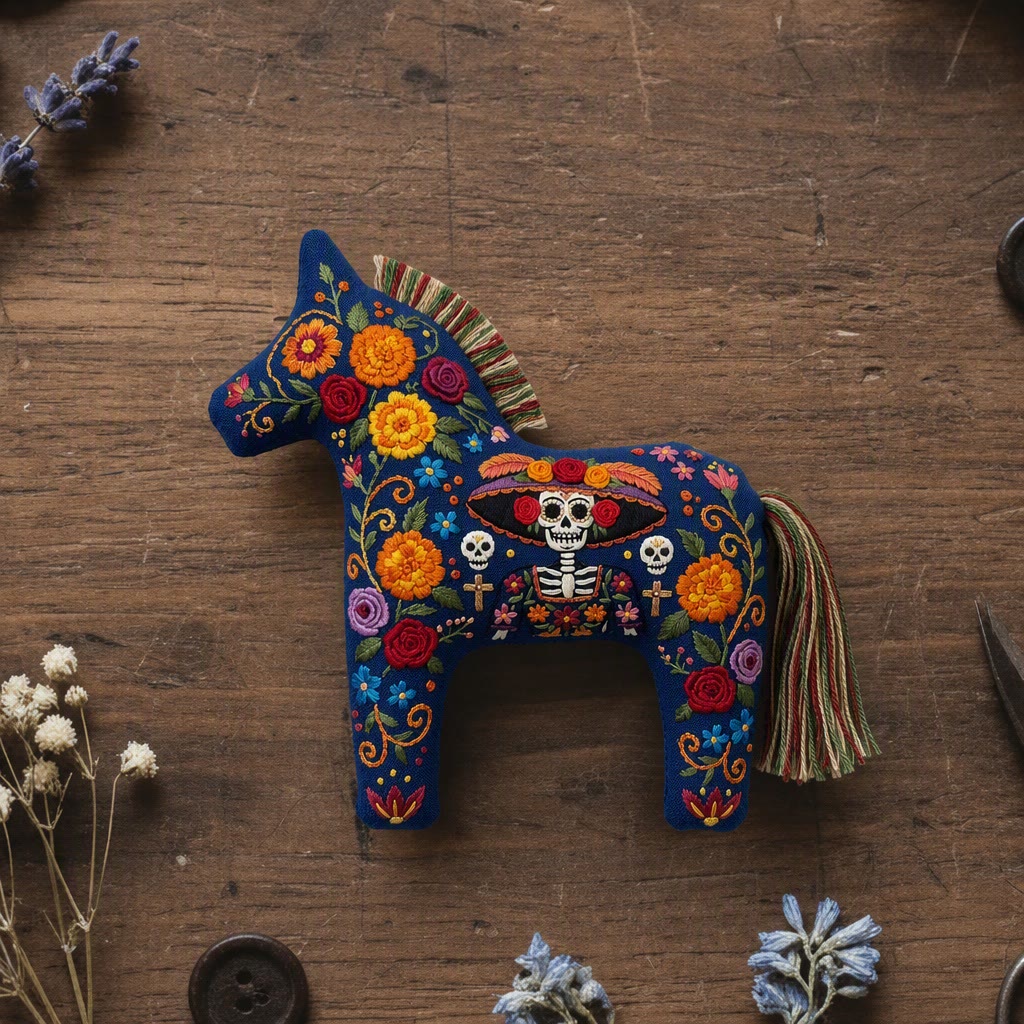 Rubbyoo Dala Horse Embroidery Kit - Vibrant Floral Sugar Skull | Ideal Day Of The Dead Party Decor | Unique Gift For Folk Art Lovers - 6 inches hoop kit - image 1