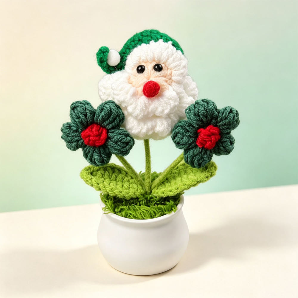 Rubbyoo Santa Claus Flower Pot - Handmade Festive Crochet Art | Christmas Faux Plant Desk Decor - Red Green - image 6