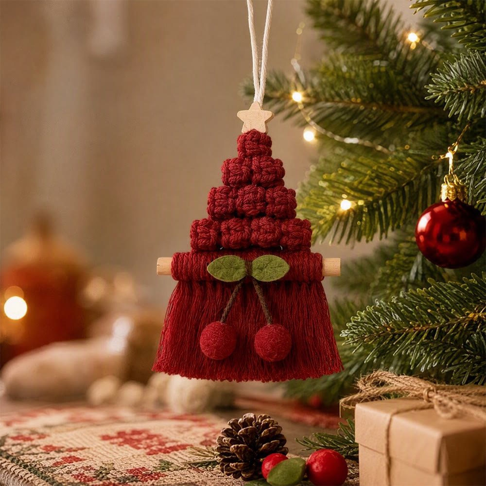 Rubbyoo Christmas Tree Cherry Wall Hanging - Festive Crochet Tassel Ornament | Handcrafted Rustic Holiday Decor  - Red - image 3